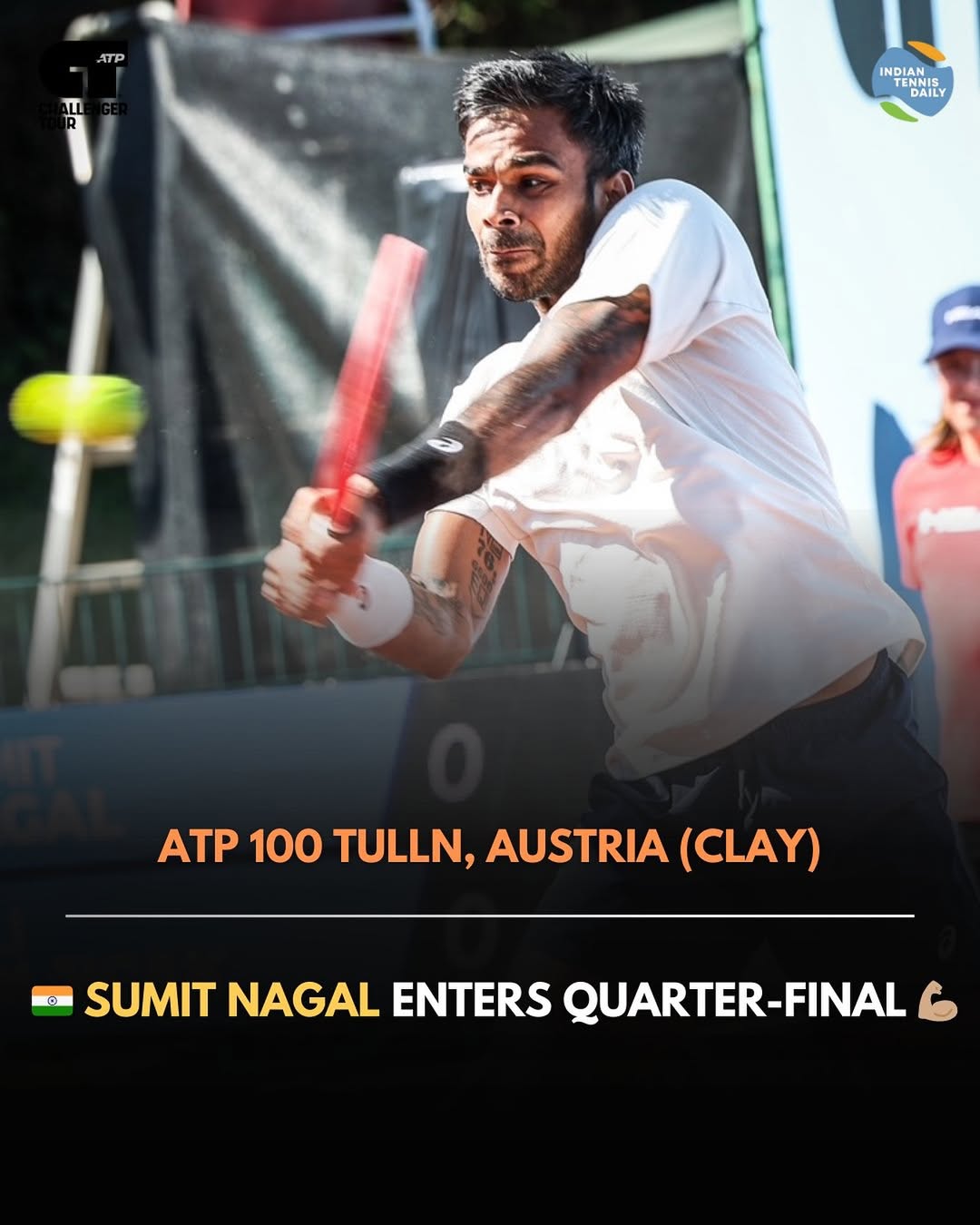 sumit-nagal-tulln-2025-quarter-final India’s Sumit Nagal competing in the quarter-final of the ATP 100 Tulln Challenger 2025 against Romania’s Filip Cristian Jianu in Austria