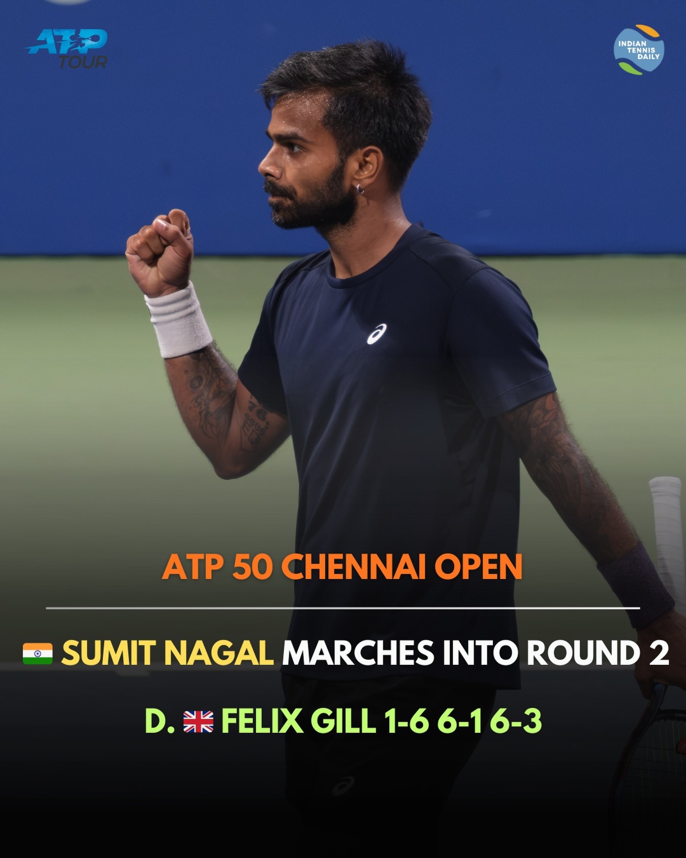 Porträtaufnahme von Tennisspieler Sumit Nagal aus Indien auf einem Hartplatz während eines ATP-Turniers.