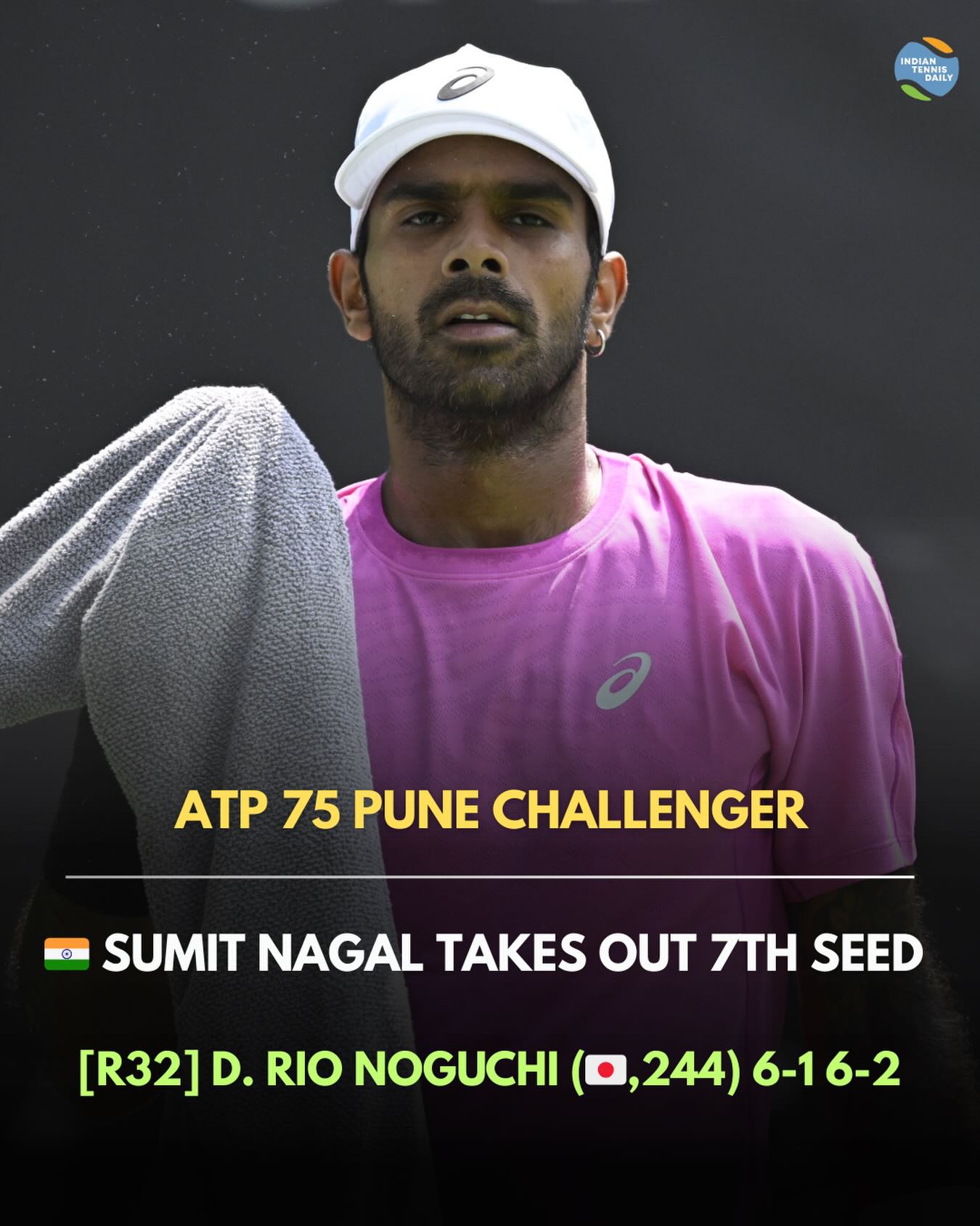 Tennisspieler Sumit Nagal bei einer kraftvollen Schlagbewegung während seines Erstrunden-Matches beim ATP Challenger in Pune.